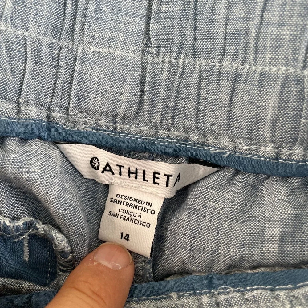 Athleta Cabo Linen Jogger Women 14 Blue‎ Tapered Fit Active Travel NWOT